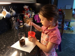 Put the chocolate coated straw back into the beaker.