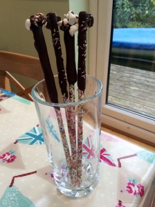 Chocolate coated straws.